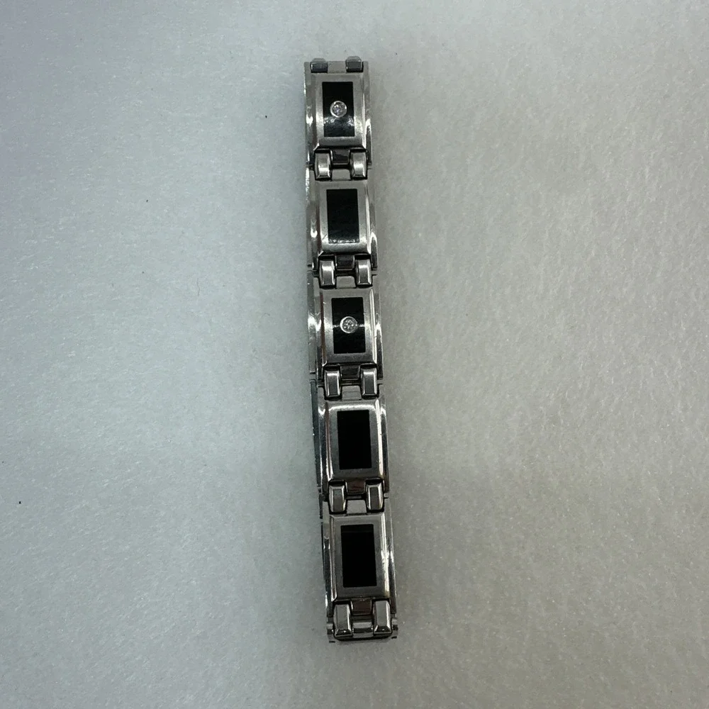 Men's Stainless Steel Link Bracelet Black Inlay Silver Tone 8.5